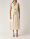 Twinset White Long Dress With V-neck And Waist Belt With Metallic Logo Plaque In Cotton Woman In Neutral