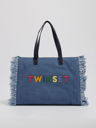 Twinset Cotton Shoulder Bag In Denim