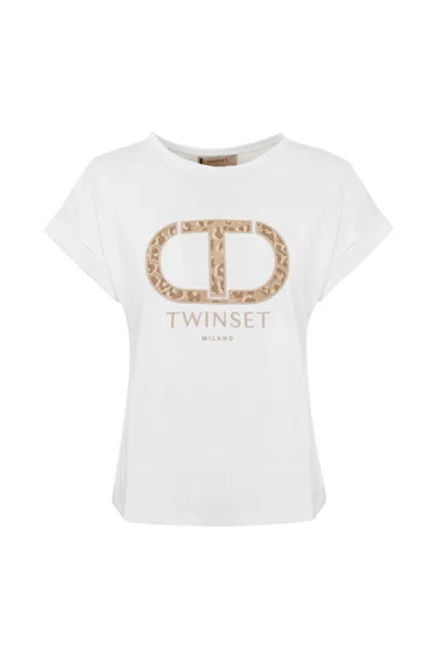 Twinset Cotton T-shirt With Animalier Logo In Bianco