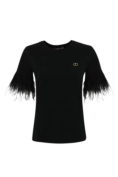 Twinset Cotton T-shirt With Feathers In Schwarz