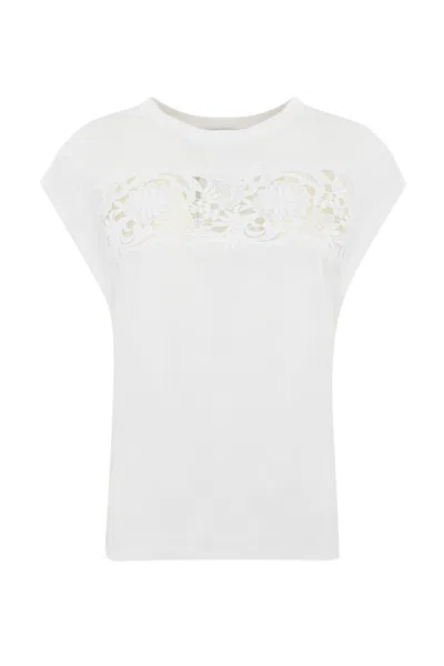 Twinset Cotton T-shirt With Lace Application In Bianco Ottico