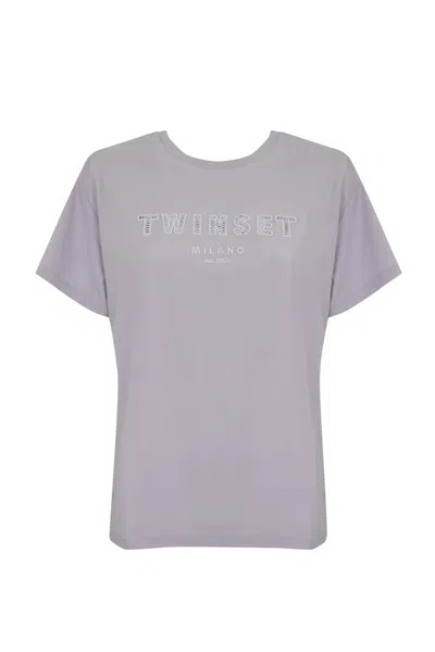 Twinset Cotton T-shirt With Logo Embroidery In Fiori Di Lilla