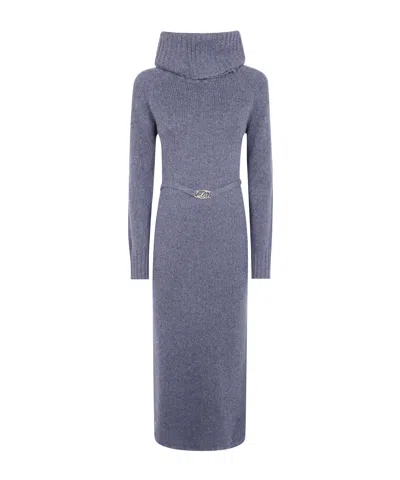 Twinset Cowlneck Belted Knit Midi Dress In Blue