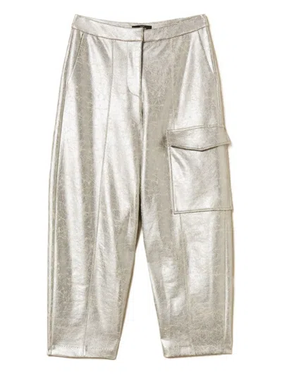 Twinset Cracked-effect Utility-pocket Trousers In Metallic
