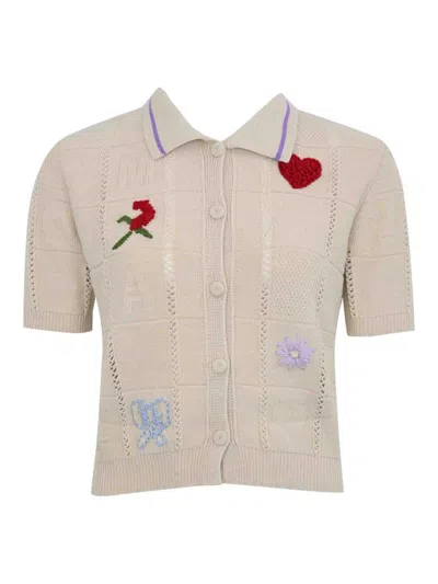 Twinset Treeblend Wool Yarn Cardigan With Embroidery In Neutral