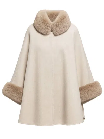 Twinset Cream Cape With Fur Trim  In Neutral