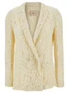 TWINSET CREAM WHITE DOUBLE-BREASTED JACKET WITH LOGO PATCH IN LACE WOMAN