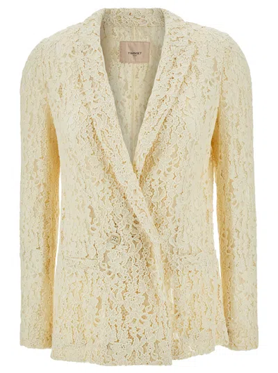 Twinset Cream White Double-breasted Jacket With Logo Patch In Lace Woman