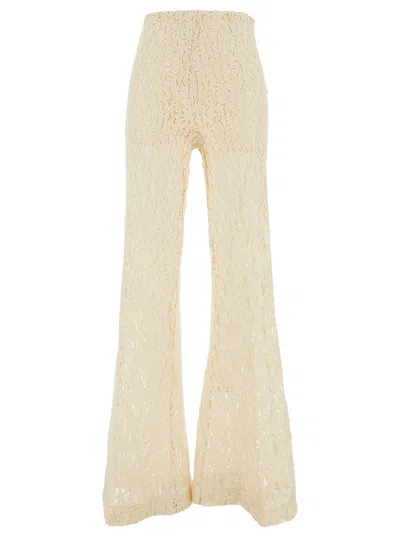 Twinset Cream White High-waisted Pants In Lace Woman In Ivory