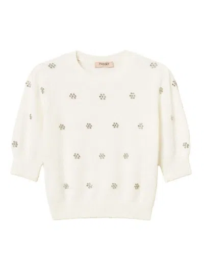 Twinset Creamy White Sweater With Floral Embellishments In Neutral