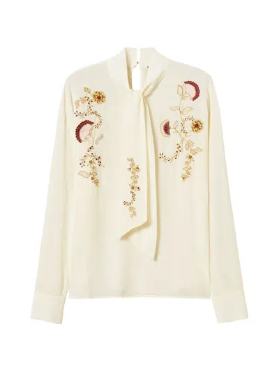 Twinset Crêpe De Chine Blouse With Embroidery In Neutral