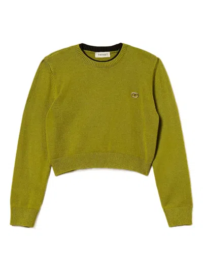 Twinset Kids' Crew-neck Logo Sweater In Green