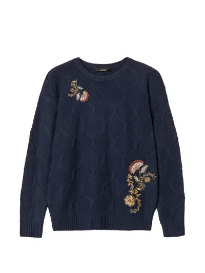 Twinset Crew Neck Wool Jumper With Floral Embroidery In Blue