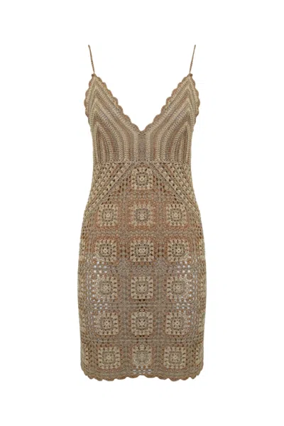 Twinset Crochet And Lurex Knit Mini Dress In Natural