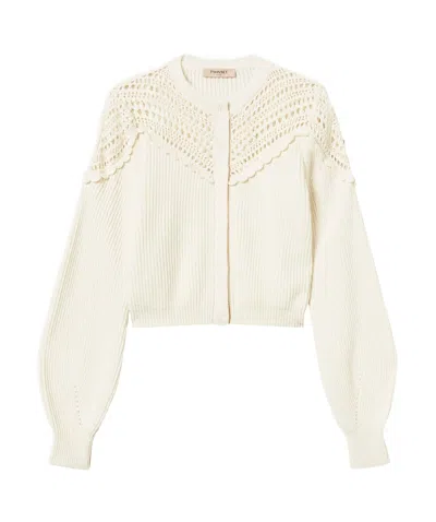 Twinset Crochet-detail Ribbed Cardigan In White