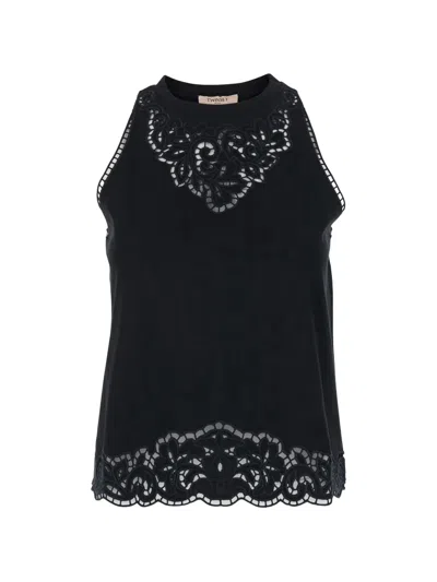 Twinset Black Top With Lace Details On The Neckline And Hem In Cotton Woman