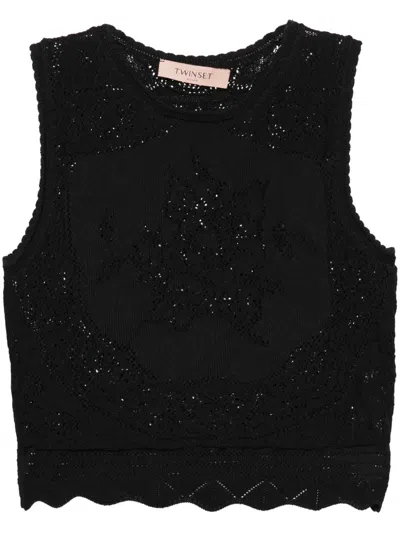 Twinset Crochet-knit Crop Top In Black