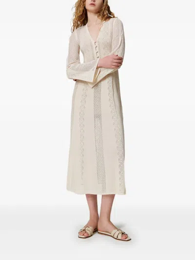 Twinset Crochet Midi Dress In Neutrals