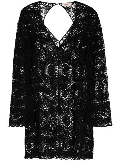 Twinset Crochet Mini Dress In Black  