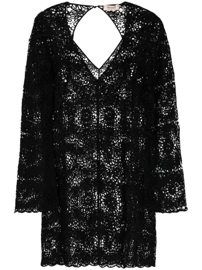 Twinset Sequin-embellished Fine-ribbed Midi Dress In Black