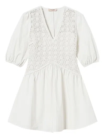 Twinset Crochet-panelled Puff-sleeve Dress In White