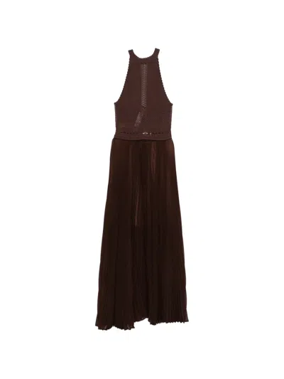 Twinset Crochet Pleated Maxi Dress In Brown