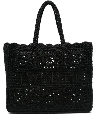 Twinset Crochet Tote Bag In Black