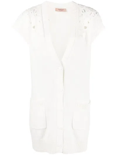 Twinset Crochet-trim Cap-sleeve Cardigan In Weiss
