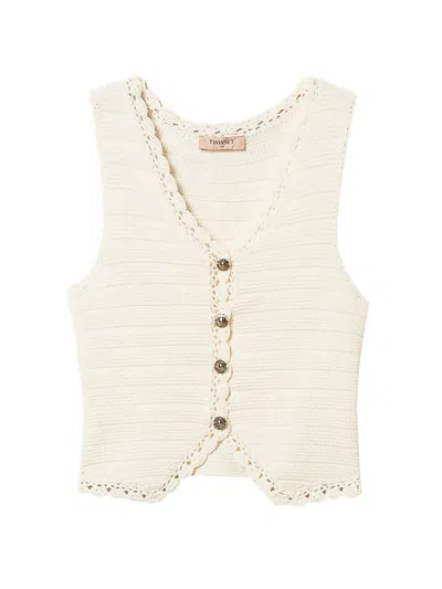 Twinset Crochet-trim Knitted Waistcoat In White