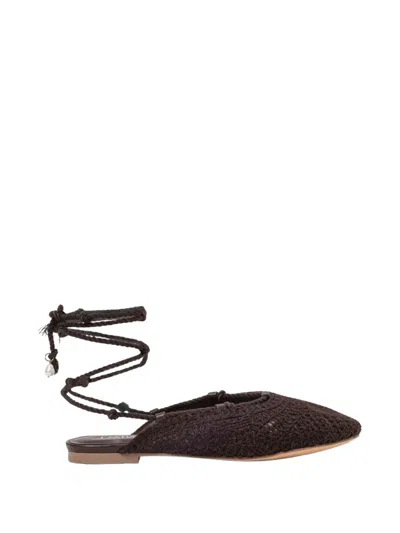 Twinset Crochet-deisgn Lace-up Flat Mules In Brown