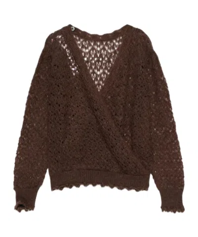 Twinset Crochet-detail Wrap Sweater In Brown
