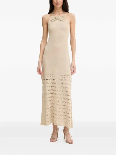 Twinset Crochet-knit Floral-appliqué Dress In Brown