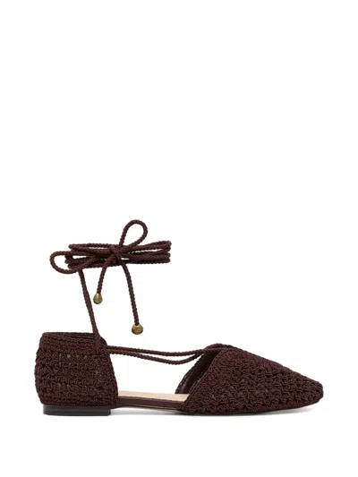 Twinset Crochet-knit Lace-up Flat Pumps In Brown