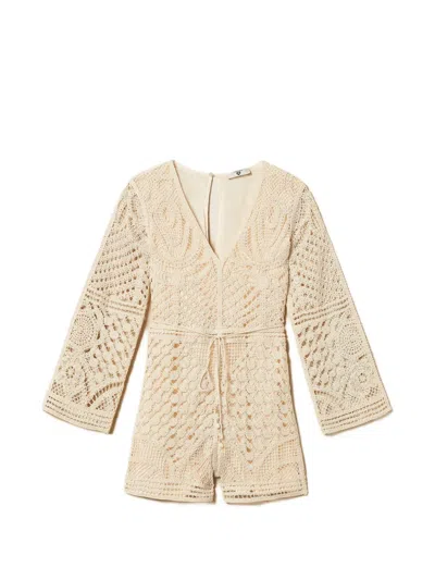 Twinset Crochet-knit Playsuit In Brown