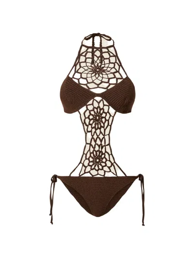 Twinset Crochet-knit Swimsuit In Brown