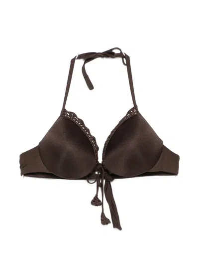Twinset Crochet-trim Halterneck Bikini Top In Brown