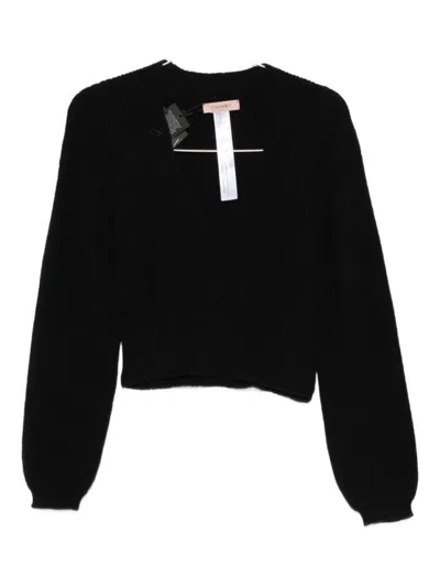 Twinset Cropped Black Sweater With Deep V-neckline