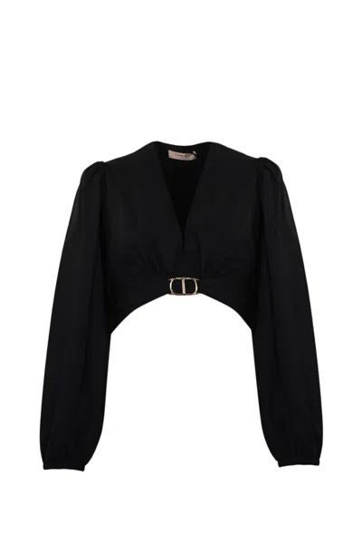 Twinset Cropped Blouse In Poplin With Oval T In Black