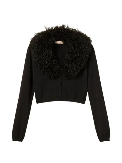 Twinset Cropped Cardigan With Faux Fur In Black