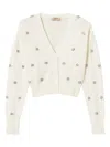 Twinset Cropped Cardigan With Fluffy Texture And Sparkling Embellishments In Neutral
