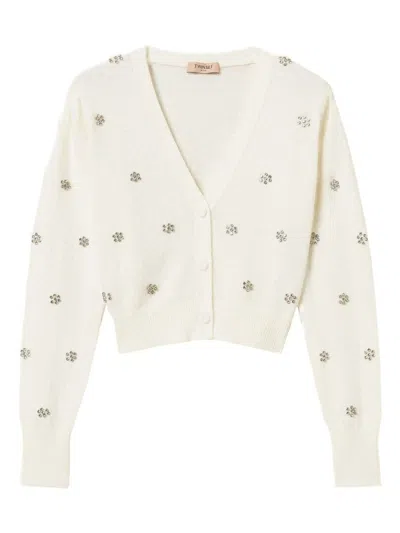 TWINSET CROPPED CARDIGAN WITH FLUFFY TEXTURE AND SPARKLING EMBELLISHMENTS