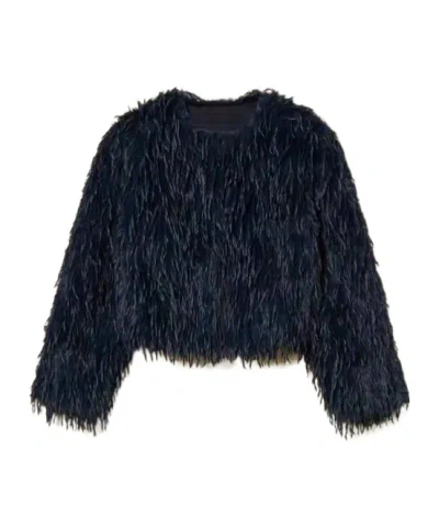 Twinset Cropped Faux Fur Jacket In Blue