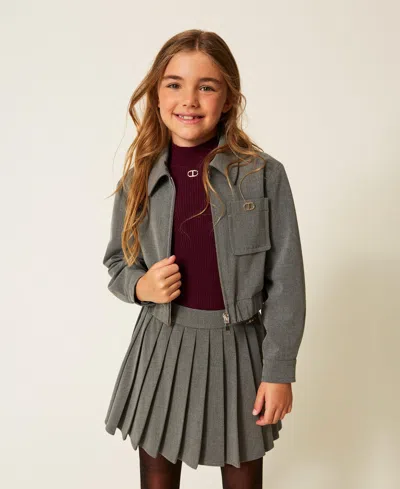 Twinset Kids' Cropped Flannel Jacket In Gray