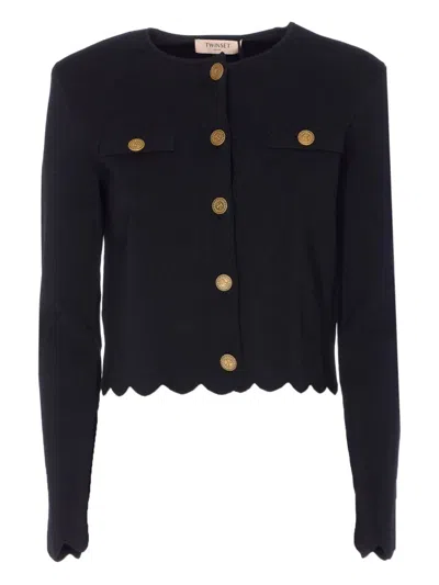 Twinset Cropped Jacket With Scalloped Hem And Gold-tone Accents In Black
