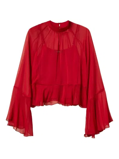 Twinset Cropped Red Sheer Blouse With Bell Sleeves