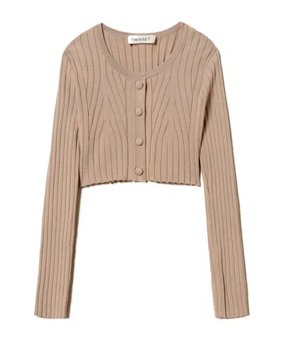 Twinset Cropped Ribbed Cardigan With Oval T In Nude