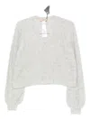 Twinset Twin-set Cropped V-neck Sweater With Balloon Sleeves And Textured Knit In Gray