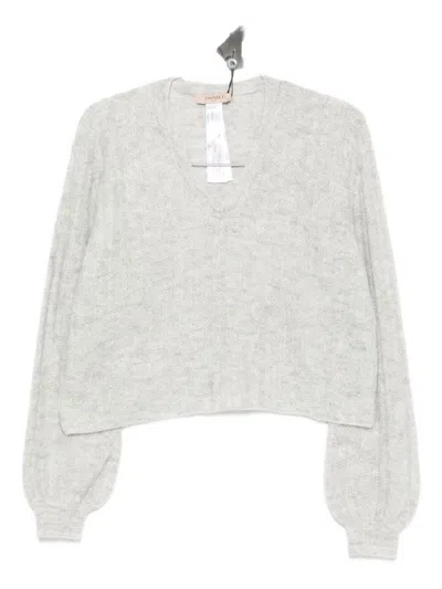 TWINSET CROPPED V-NECK SWEATER WITH BALLOON SLEEVES AND TEXTURED KNIT