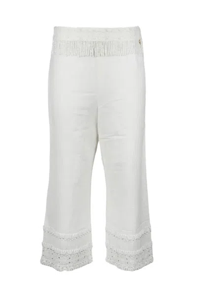 Twinset Cropped White Trousers With Fringe And Lace Detailing