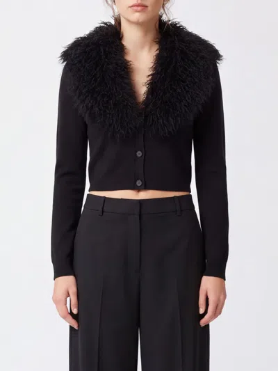 Twinset Cropped Wool Blend Cardigan With Faux Fur Details In Black